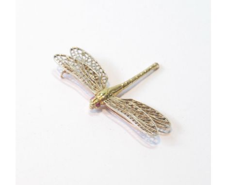 9ct coloured gold brooch modelled as a damselfly with ruby eyes, 8.2g. 