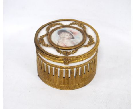 French-style ormolu and ceramic musical jewellery box, the cylindrical box with a classical female portrait to the hinged top