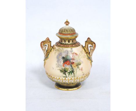 Royal Worcester blush ivory vase and cover, c. 1905, decorated with panels of thistles and flowers, glazed in green and gilt,