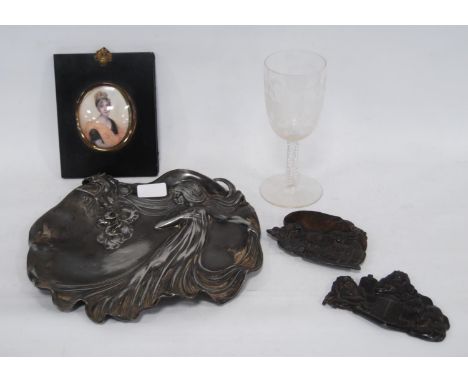 Curios and collectables to include an Art Nouveau pewter dish decorated with a maiden, 29cm diameter, a Victorian rummer etch