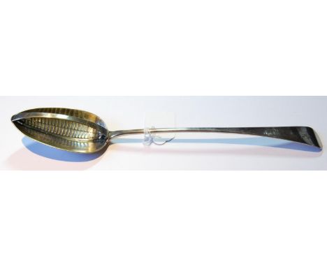 Silver strainer spoon, plain with pierced divider, initialled 'R', by W Eley, 1804, 118g or 3½oz. 