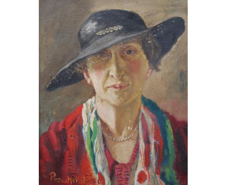 James Proudfoot RA (Scottish, 1908 -1971) Portrait of a woman wearing a hat Signed and dated '36 lower left, oil on reverse c