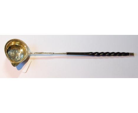 Silver toddy ladle with gadrooned edge, baleen handle and inset Jernegan Cistern medal, 1736, by William Kingdon, 1829.