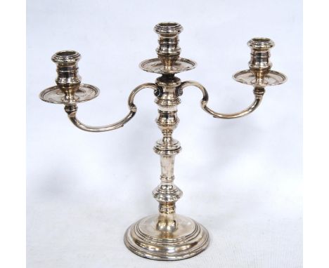 Silver candelabrum of George I style with baluster stem and three lights, by R Comyns, 1957, 30cm, loaded, weight of branches