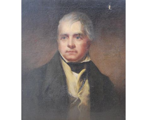 Follower of Sir Henry Raeburn (Scottish, 1726 - 1823) Portrait of Sir Walter Scott Oil on canvas, 33.5cm x 29cm.CONDITION REP