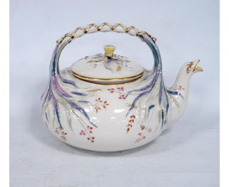 Belleek porcelain teapot with first black mark for Whyte & Sons, Marlboro Street, Dublin, with bird spout and decorated with 