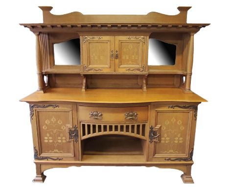 Arts & Crafts inlaid oak sideboard in the Glasgow School taste, the top section with a shaped pediment above two cupboard doo