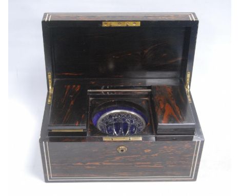 19th century coromandel tea caddy by Toulmin &amp; Gale, London, with bone stringing to the rectangular top enclosing two det