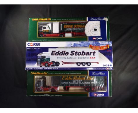 Diecast - Corgi - three boxed 1:50 scale Eddie Stobart model trucks, including CC12802 Scania T-Cab, CC13754 Scania R Facelif