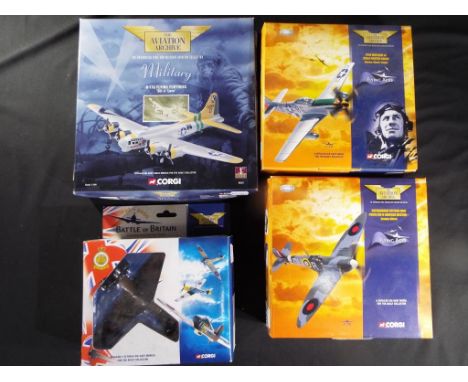 Corgi Aviation - 4 boxed 1:72 and 1:144 scale diecast model military aircraft. Lot consists of 49101 Hawker Hurricane MK1 85 