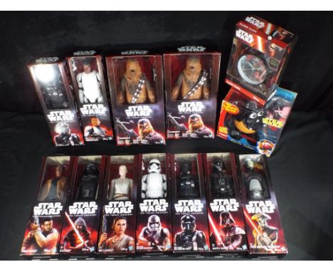 Hasbro - 11 Boxed Hasbro Stars Wars 12" figures, together with a boxed Star Wars Alarm Clock and Star Wars Mr Potato head. Lo