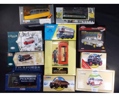 Corgi - 12 boxed diecast model vehicles in various scales. Lot includes, 25401 Leyland Steer Platform Lorry - Wm Hancock, VA0