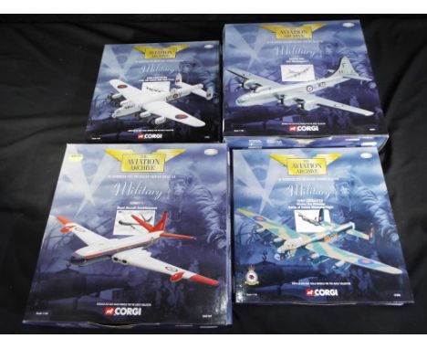 Corgi Aviation - 4 boxed diecast Military aircraft by Corgi in 1:144 scale. Lot consists of 47307 AVRO Lancaster 9 Sqn RAF Sa