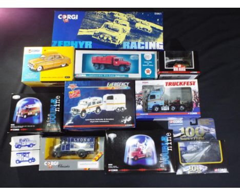 Corgi - Twelve boxed diecast model vehicles in various scales. Lot includes, Ltd Edition 50201 2 1/2 Ton Truck with Generator