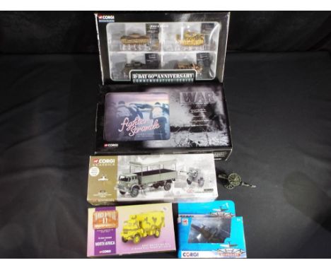 Corgi and other- 6 predominately boxed model diecast military vehicles and aircraft in various scales.. Lot includes, CSCW240