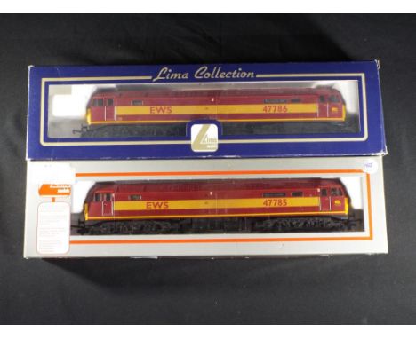 Model Railways - Lima OO gauge - two Class 47 locos in EWS livery comprising 47785 Fiona Castle and 47786 Roy Castle, locos a