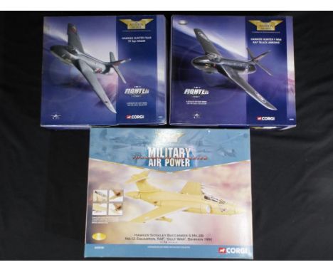 Corgi Aviation Archive - 3 boxed 1:72 scale diecast model airplanes. Lot consists of  49802 Hawker Hunter F Mk6 RAF 'Black Ar