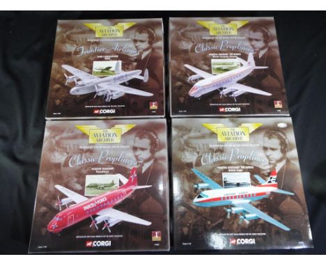 Corgi Aviation - 4 boxed diecast civil aircraft by Corgi in 1:144 scale. Lot consists of 47402 AVRO Lancastrian BOAC, 47601 V