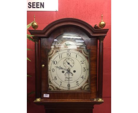 19TH. CENT. MAHOGANY LONGCASE CLOCK 8 DAY MOVEMENT WITH PAINTED ARCHED DIAL SHORT DOOR FACE MARKED STANFORD YARMOUTH COMPLETE