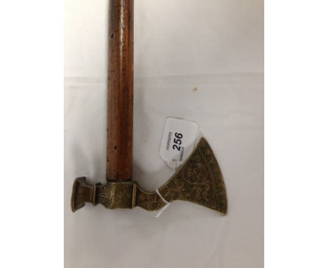 EASTERN WOODEN HANDLED AXE WITH ENGRAVED BRASS HEAD 