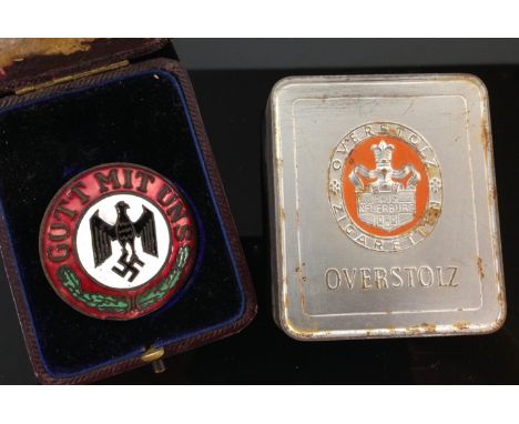 WORLD WAR TWO ARMY CIGARETTE METAL CASE FOR USE IN TROPICAL CLIMATE  ALONG WITH GERMAN WORLD WAR TWO BOXED NAZI PARTY COAT/TU