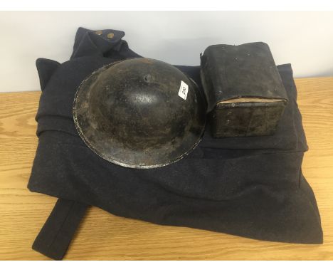 R.A.F. WOOL COAT, WWII WARDENS TIN HELMET AND A BOXED GAS MASK (COLLECTORS ITEM ONLY)