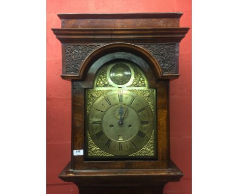 19TH CENT. WALNUT LONGCASE CLOCK 8 DAY MOVEMENT WITH BRASS ARCHED DIAL. LONG DOOR, FACE MARKED JACOB MASSY LEICESTERFIELD LON