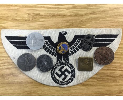 WWII GERMAN EMBROIDERED SPORTS VEST PATCH, 25 YEAR VETERANS BADGE AND 6 GERMAN DAY BADGES OR "TINNIES" 