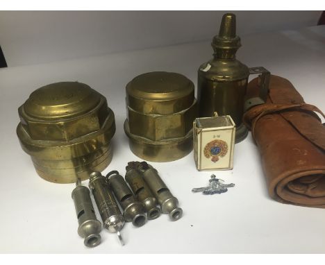 WW1 TRENCH LAMP, FIVE WHISTLES, ROYAL ENGINEERS MATCHBOX COVER AND TWO BRASS WAGON HUB LOCKING CAPS 