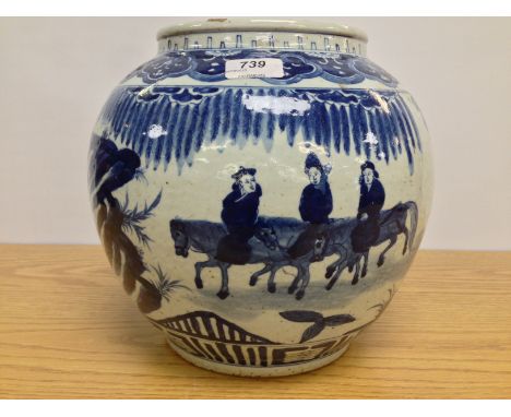 A CIRCULAR CHINESE BLUE AND WHITE SCROLL JAR BELIEVED TO BE 17TH CENTURY. HAND PAINTED HUNTING SCENES WITH MEN ON HORSE BACK 