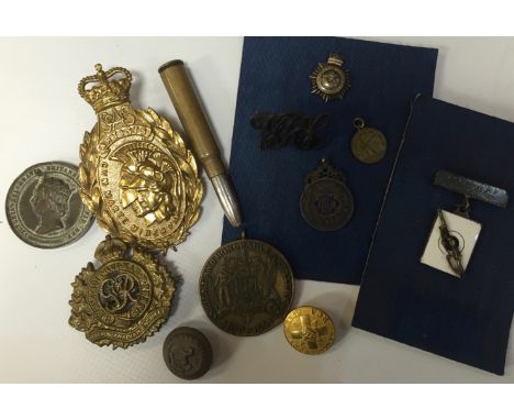 KING'S BODY GUARD BUTTON, ROYAL CANADIAN ENGINEERS BADGE, SURREY VOLUNTEERS ENAMEL MEDAL, LONDON RIFLE VOLUNTEERS DRILL MEDAL