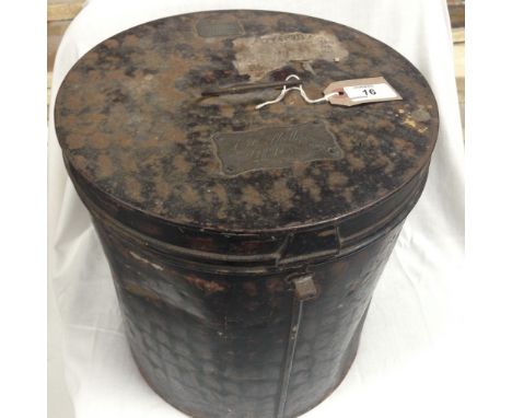 HELMET TIN (EMPTY) JAPANNED METAL BEARING BRASS PLATE ENGRAVED TO J.F. SHELLEY ROYAL 1ST DEVON YEOMANRY 