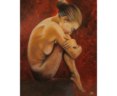 Peter J Bailey (British 1951-): 'Janine' - Nude portrait, oil on canvas monogrammed, signed and title verso 60cm x 50cm