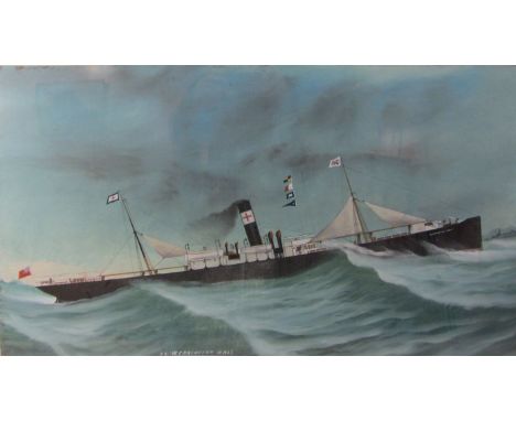 English School (19th/20th century): 'SS Wennington Hall' flying the Rowland and Marwood flag - ship's portrait in rough seas,