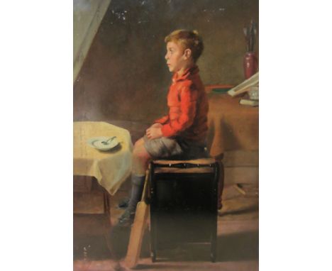 English School (early 20th century): Portrait of a Schoolboy with a Cricket Bat, oil on panel with portrait verso unsigned 47
