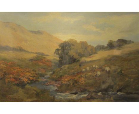 R Hesketh (19th/20th century): Upland Stream with Sheep Grazing, oil on canvas signed 39cm x 60cm