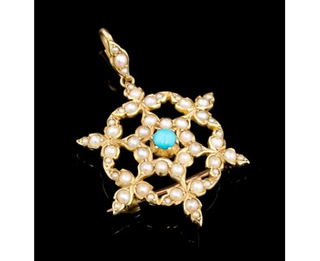A late Victorian/Edwardian turquoise and seed pearl set 15ct gold pendant brooch with seed pearl set bale, hinged pin with lo