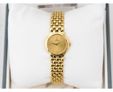 Omega, a circa 1990's 18ct gold ladies Omega De Ville bracelet watch, 2cm circular dial with baton and Roman numerals, quartz