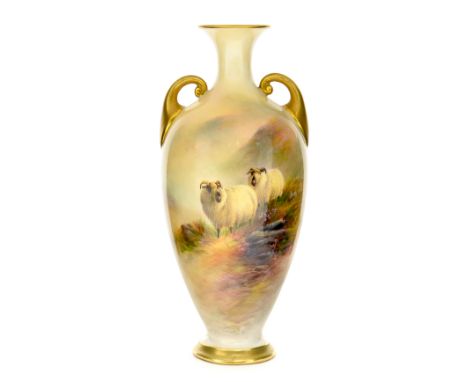 A Royal Worcester hand painted two handled bud vase, 1912, painted by E Barker, signed, depicting two sheep in a Highland sce