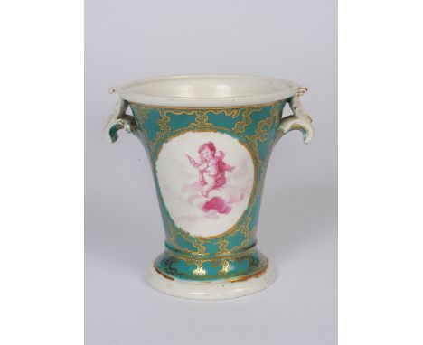 A porcelain vase, conical footed form with foliate handles, probably English, puce painted putti on a cloud, within a green a