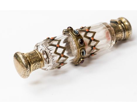 A 19th Century silver gilt and jewel embossed glass double ended scent bottle, etched foliate scroll and lozenge bands, set w