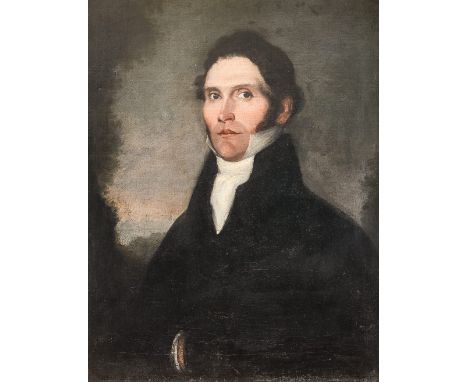 English School, early 19th Century, portrait of Marmaduke Holme Baron (1777-1852), a half length in a black coat, a coastal l