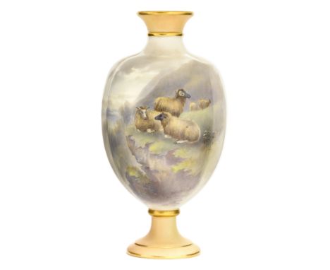 John Stinton for Royal China Works, Worcester, an ovoid pedestal vase, melon form, painted with highland sheep, signed, green