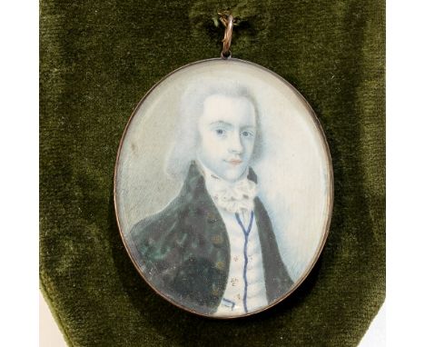 A George III oval portrait miniature brooch, circa 1810, bust of a gentleman wearing a blue button tunic, lock of hair and mo