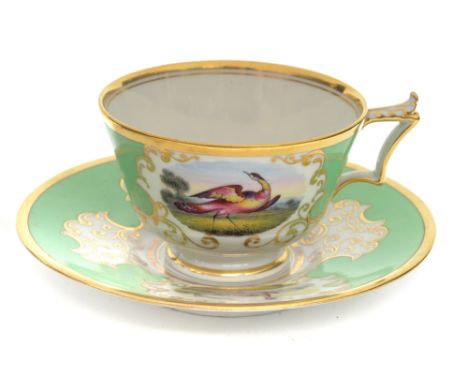 A Worcester Flight, Barr and Barr, Royal Porcelain Works teacup and saucer, exotic bird cartouches in gilt foliate scroll cru