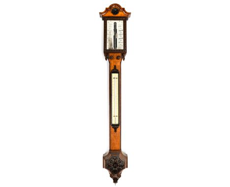 A 19th Century Carpenter & Westley of London stick barometer, carved oak case with ivory main gauge and ivory gauge thermomet