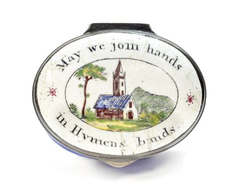 An 18th Century Bilston enamel patch box, circa 1790, of oval form, the cover with an image of a church and motto 'May we Joi