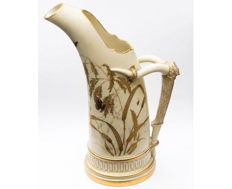A Royal Worcester ivory glaze tusk jug, with antler form handle, raised gilt grass and painted butterfly decoration, green ma