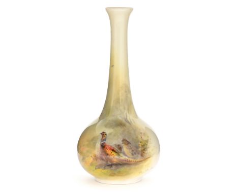 James Stinton for Royal Worcester, a bottle vase, 1926, onion form, painted with pheasants, 13cm high