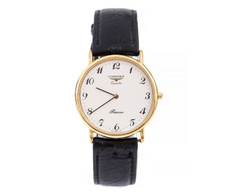 Longines, a gentleman's gold plated Longines Quartz Presence wristwatch, 3cm circular white dial, backplate No. 24458619, bla